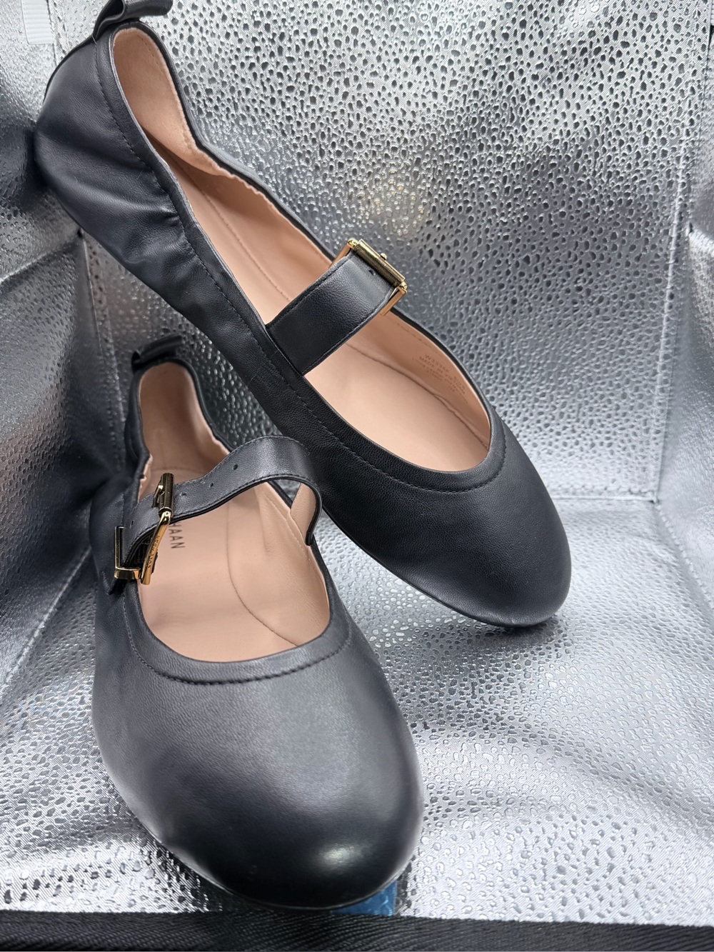 Cole Haan Black Leather Mary Jane Flats with Gold Buckle